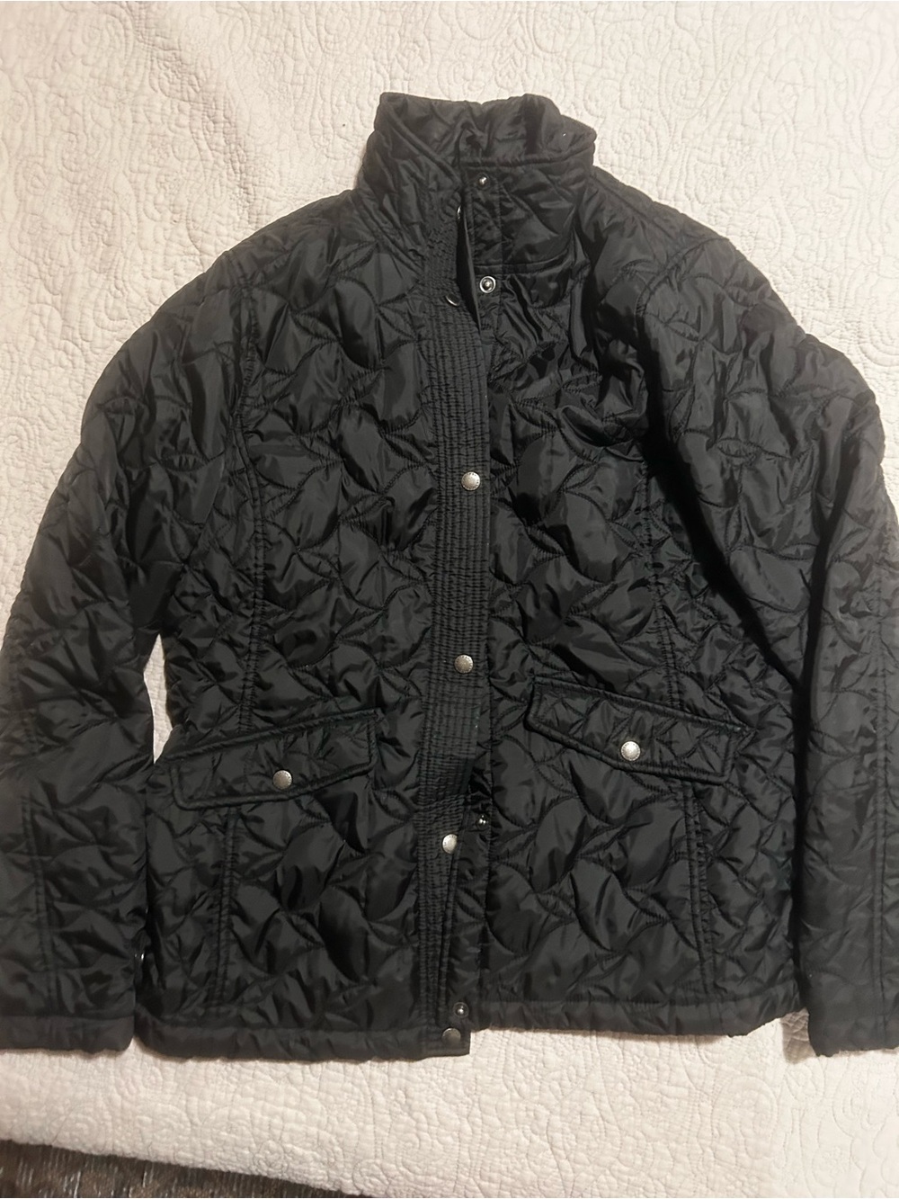 itle:
Lands’ End Black Quilted Snap Front Jacket Fits Like Women’s Large